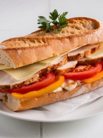 A mouthwatering Chicken Cheese Steak Recipe featuring grilled chicken slices, melted cheese, fresh tomato slices, bell peppers, and a creamy sauce, all served in a crispy baguette. A delicious and satisfying sandwich perfect for lunch or dinner.