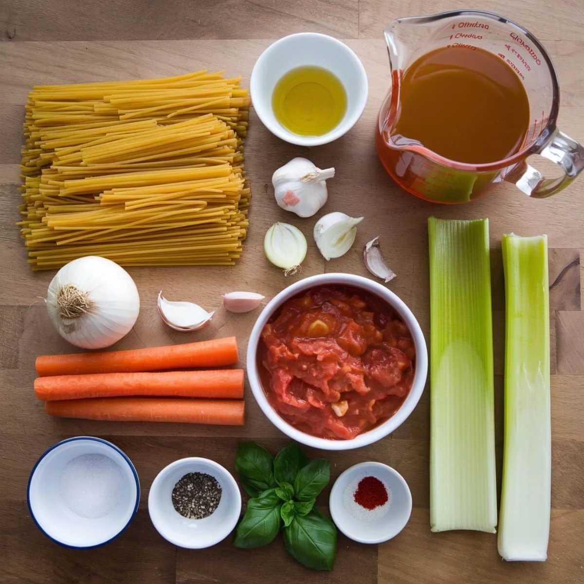 Fresh ingredients for a classic Ditalini Pasta Recipe neatly arranged on a wooden surface, including pasta, diced tomatoes, carrots, celery, garlic, onion, olive oil, basil, spices, and broth. These essential components create a flavorful and hearty Italian dish.