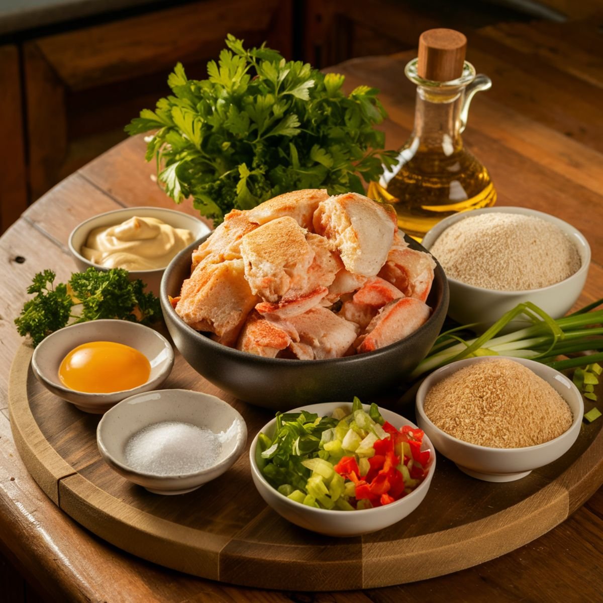 A beautifully arranged display of fresh ingredients for a Gluten-Free Crab Cake Recipe on a rustic wooden kitchen counter. The spread includes a bowl of lump crab meat, gluten-free breadcrumbs, a cracked egg yolk, and a dish of creamy mayonnaise. Freshly chopped parsley, diced red bell pepper, celery, and green onions add color and freshness. A pinch bowl of salt and a bottle of olive oil complete the setup, creating an inviting scene ready for homemade crab cake preparation.