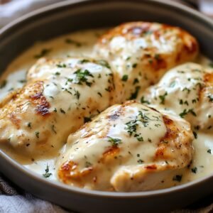 Homemade Cream Cheese Chicken featuring juicy, golden-brown seared chicken breasts generously smothered in a rich, velvety cream cheese sauce. The dish is beautifully garnished with freshly chopped parsley, served warm in a rustic, grey ceramic dish, highlighting its creamy texture and inviting, golden hues.
