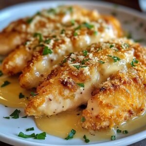 Close-up of golden-brown, homemade parmesan crusted chicken sliced neatly on a white plate, with a crispy, buttery crust and sprinkled with fresh parsley. Juicy chicken breast slices reveal tender, moist meat, surrounded by melted parmesan and toasted breadcrumbs, alongside fresh tomato wedges and lemon slices in the softly blurred background.