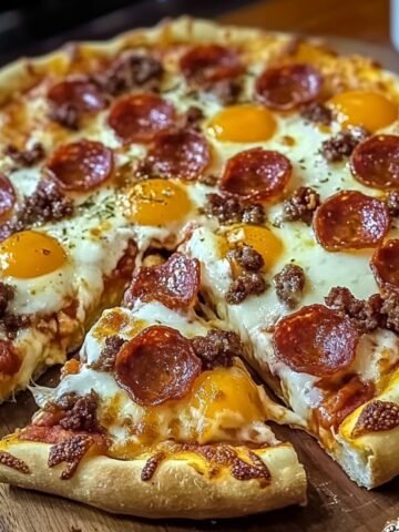 A homemade breakfast Red Baron Breakfast Pizza with a crispy crust, topped with melted mozzarella, pepperoni slices, golden egg yolks, and crumbled sausage. The pizza is seasoned with oregano and served on a wooden board with a slice pulled out, showing gooey cheese.
