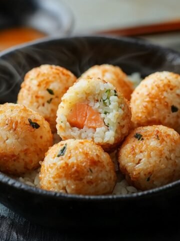 A bowl of homemade grilled salmon rice balls with a crispy golden crust, filled with tender cooked salmon, steaming hot and served in a rustic black bowl with dipping sauce and chopsticks in the background.