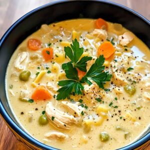 Homemade creamy chicken noodle soup with shredded chicken, egg noodles, carrots, peas, and fresh parsley in a rich, golden broth, served in a black bowl.