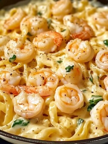 Homemade creamy shrimp pasta with fettuccine, tender shrimp, black pepper, and fresh parsley in a rich garlic cream sauce.
