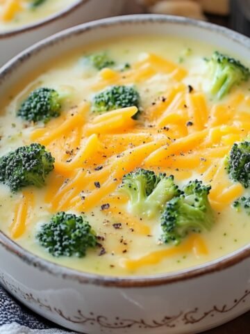 Homemade broccoli cheddar soup in a rustic bowl, topped with melted cheddar, bright green broccoli florets, and black pepper, served with bread on a cozy table setting.