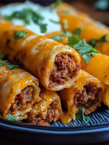 Close-up of crispy homemade cheesy taco sticks filled with seasoned beef, topped with melted cheddar and fresh cilantro, served on a black plate with sour cream in the background.