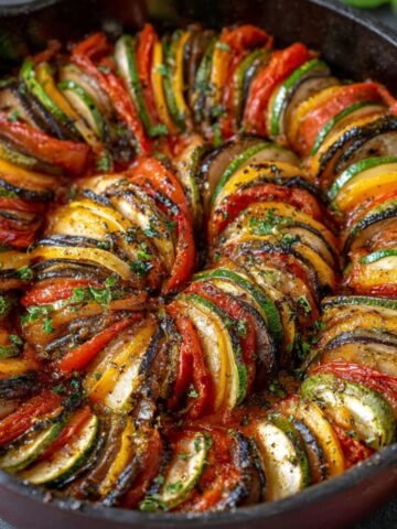 Homemade ratatouille recipe in a cast iron skillet with thinly sliced eggplant, zucchini, yellow squash, and tomatoes arranged in a spiral over tomato sauce, roasted and garnished with fresh herbs.