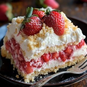 A slice of homemade strawberry cheesecake dump cake with whipped cream, fresh strawberries, and crumb topping on a black plate with a fork.