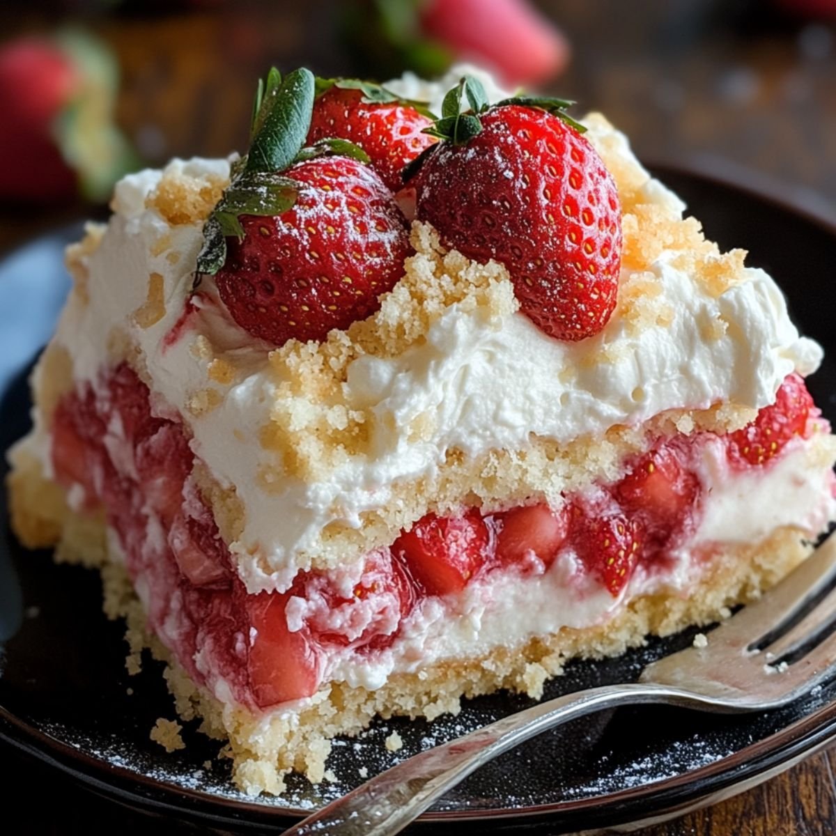 A slice of homemade strawberry cheesecake dump cake with whipped cream, fresh strawberries, and crumb topping on a black plate with a fork.