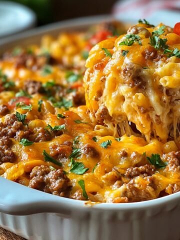 Homemade cheeseburger casserole in a white baking dish with gooey melted cheddar, ground beef, and noodles, topped with parsley. A wooden spoon lifts a hot, cheesy portion, showing the rich, bubbly texture.