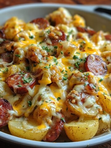Homemade cheesy ranch potatoes with browned sausage slices, melted cheddar, and parsley garnish in a white baking dish.