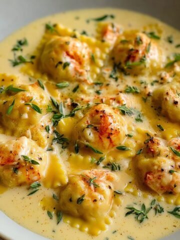 Homemade lobster ravioli in a creamy golden sauce, topped with fresh thyme and chunks of lobster, served in a shallow bowl with a rustic, real-kitchen feel.