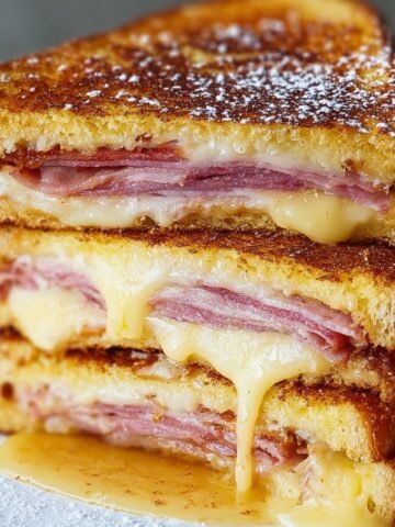 Stacked slices of a homemade Monte Cristo sandwich with golden French toast bread, layers of ham and melted cheese, dusted with powdered sugar and served with raspberry jam.