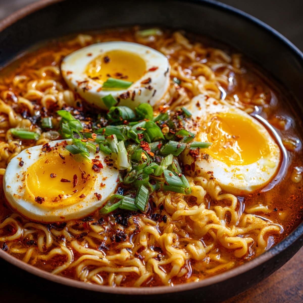 Homemade ramen noodles in a spicy red broth, topped with soft-boiled eggs, green onions, and chili flakes in a dark bowl.