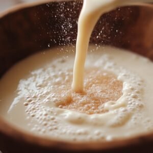 Warm milk being poured into a wooden bowl over yeast and sugar, creating soft bubbles and foam-an early step in making homemade pumpkin cinnamon rolls.