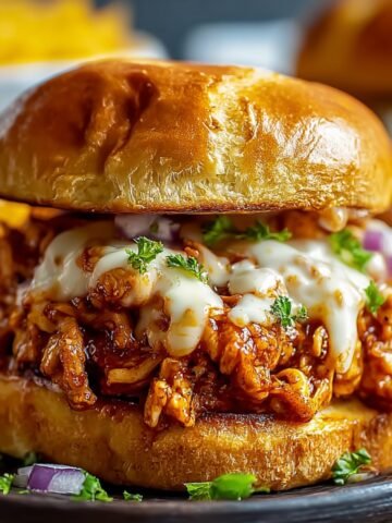 Homemade Cajun Chicken Sloppy Joe on a glossy brioche bun with saucy shredded chicken, melted cheese, parsley, and red onion, served on a dark plate with fries and another sandwich in the background.