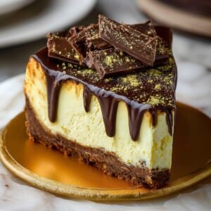 Homemade Dubai chocolate cheesecake slice with chocolate crust, creamy filling, glossy ganache drip, chocolate chunks, and pistachio dust on a gold plate.