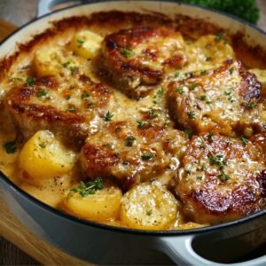 Homemade pork chop and potato bake with golden seared pork chops, tender potatoes, and creamy sauce, topped with fresh thyme in a rustic casserole dish.