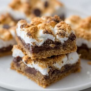 Homemade s'mores bars on a white plate, showing layers of golden graham cracker crust, melted chocolate, and toasted marshmallows with lightly charred tops. Blurred bars in the background complete the cozy, homemade dessert look.