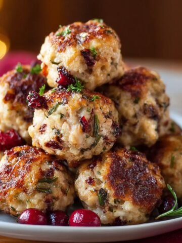 Homemade Cranberry Turkey Stuffing Balls Recipe on a white plate with cranberry sauce and herb garnish.