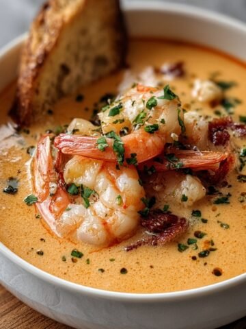 Homemade Seafood Bisque Recipe in a white bowl with shrimp, parsley garnish, and rustic bread for dipping.