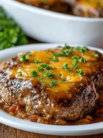 Homemade Amish hamburger steak bake topped with melted cheddar cheese and rich brown gravy, garnished with parsley and served over mashed potatoes on a white plate.