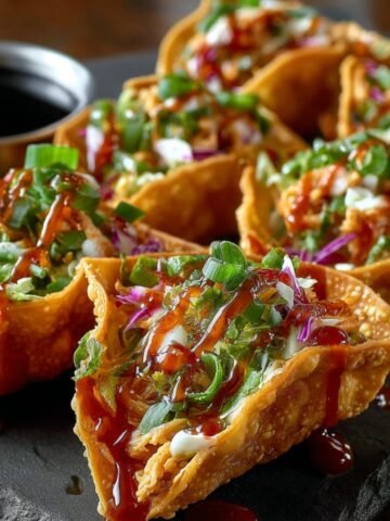Homemade chicken wonton tacos with crispy golden shells, teriyaki chicken, cabbage slaw, green onions, and sweet chili drizzle on a dark slate board.