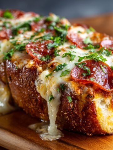 Homemade Garbage Bread with melted cheese, pepperoni, and parsley on a golden crust, served on a wooden board.