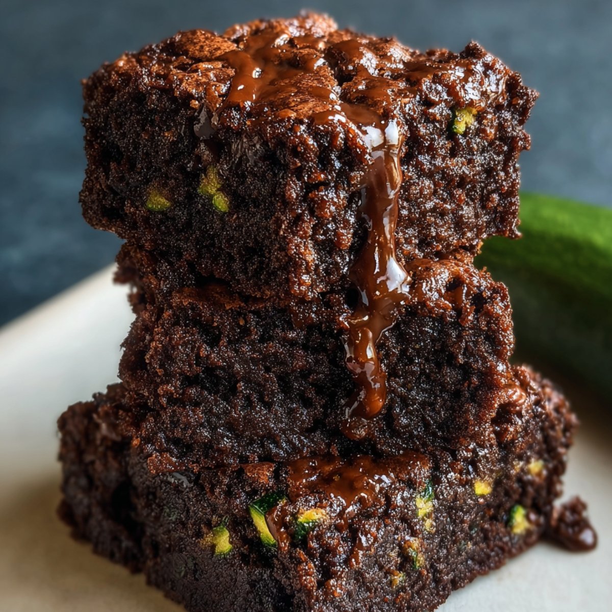 A stack of homemade chocolate zucchini brownies on a wooden board, with a glossy, fudgy texture and small green zucchini bits visible, looking moist and freshly baked.