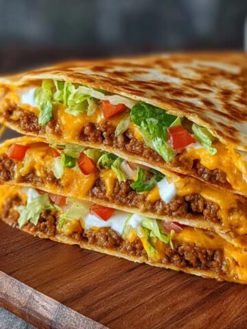 Taco Bell Crunchwrap Supreme cut and stacked on a wooden board, showing layers of beef, melted cheese, lettuce, tomatoes, and sour cream in a golden toasted tortilla.