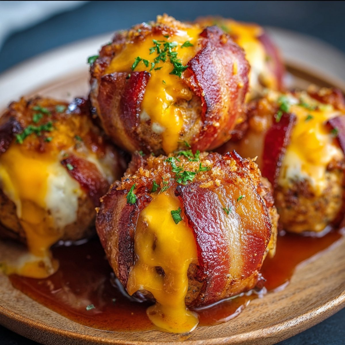 Cheddar Stuffed BBQ Bacon Bombs topped with melted cheese and fresh herbs, served on a wooden plate with caramelized BBQ sauce.