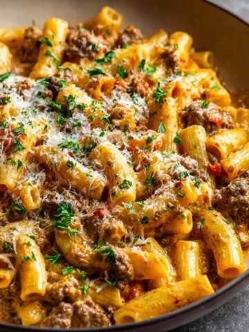 Creamy beef pasta with rigatoni, ground beef, and parmesan cheese, topped with fresh parsley in a brown bowl.