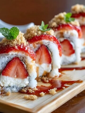 Easy Strawberry Shortcake Sushi Roll with fresh strawberries, whipped cream filling, graham cracker crumbs, mint leaves, and drizzle on a wooden board.
