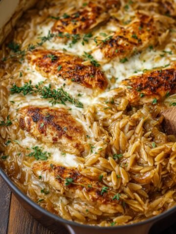 Creamy French onion chicken orzo baked in a skillet, with golden seared chicken thighs, caramelized onions, melted cheese, and fresh thyme on top.