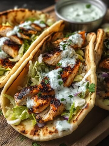 Homemade Sheet Pan Chicken Pitas filled with juicy roasted chicken, red onions, and green peppers, topped with creamy tzatziki sauce and fresh herbs, served on warm pita bread with lemon wedges on the side.