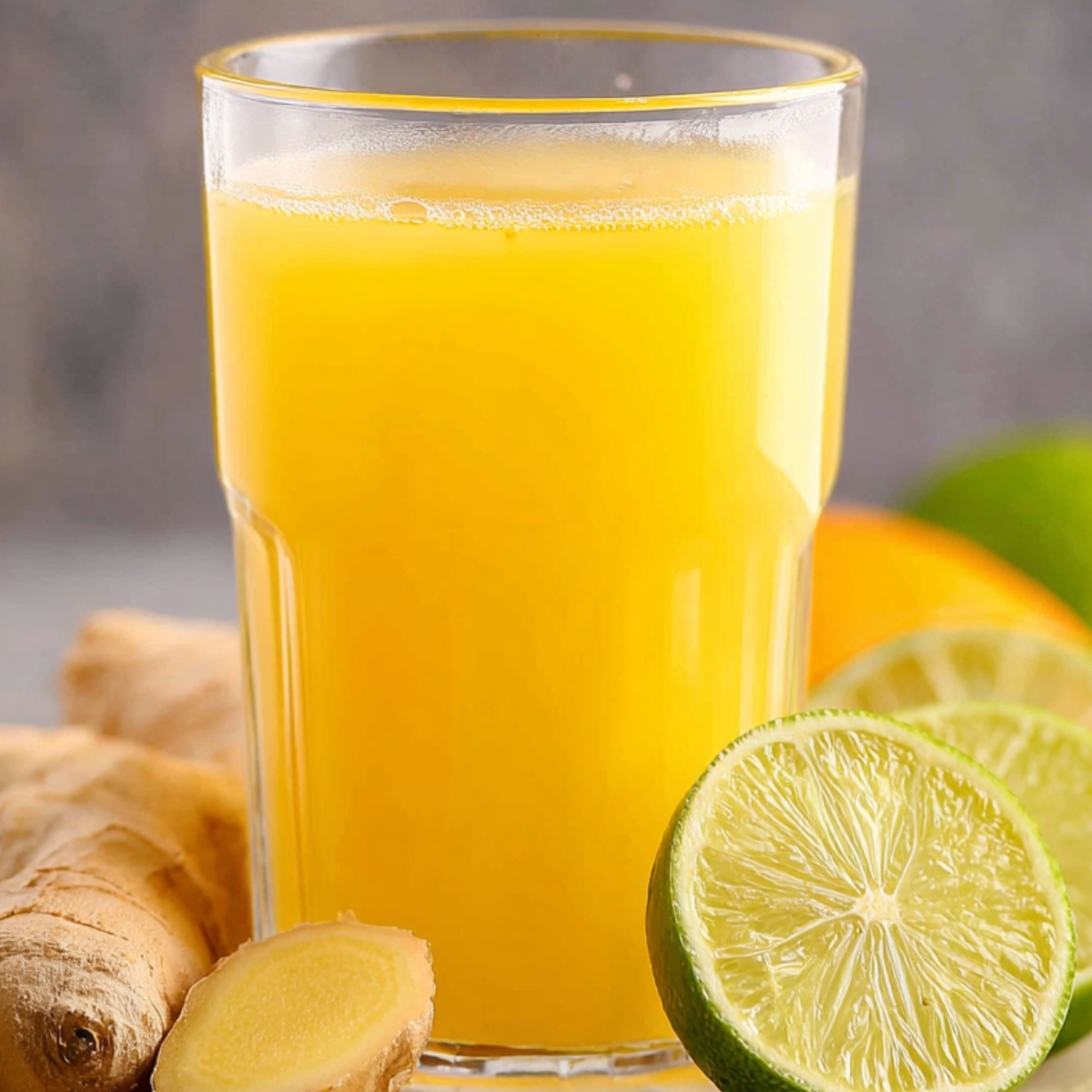 ginger Shot recipe Close-up of a refreshing glass of ginger juice, served with a slice of lime and ginger roots around.