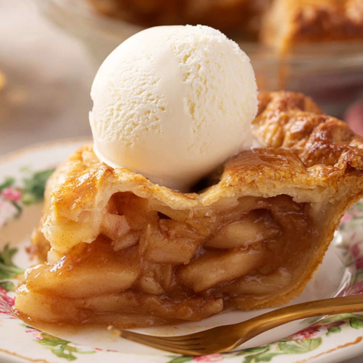 Healthy Apple Pie Recipe In 30 Minutes 9 Apple Pie Recipe A freshly baked apple pie with a flaky, golden crust and a generous scoop of vanilla ice cream on top, served on a delicate floral plate. The pie features a lattice crust, showcasing a warm, spiced apple filling. The scene conveys a cozy, comforting vibe, perfect for autumn or a family gathering.