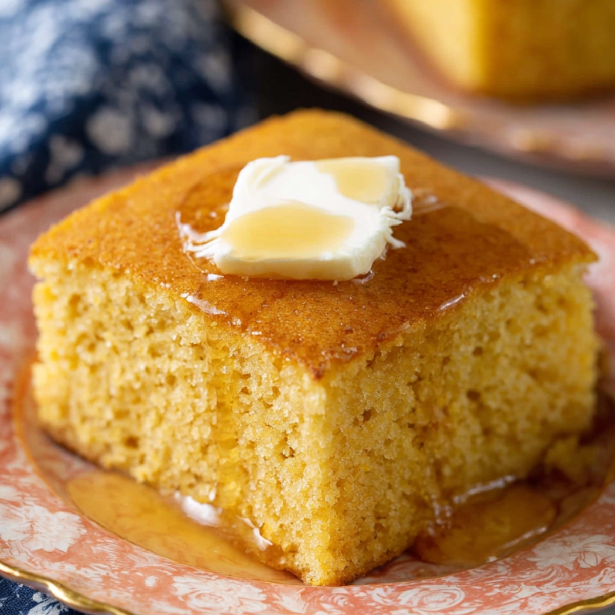 Cornbread Recipe A freshly baked square of cornbread with a melting square of butter on top. The cornbread has a golden-brown crust and soft interior."