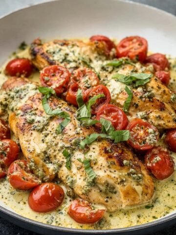 Pan-seared chicken breasts in a Creamy Pesto Chicken with cherry tomatoes and fresh basil.