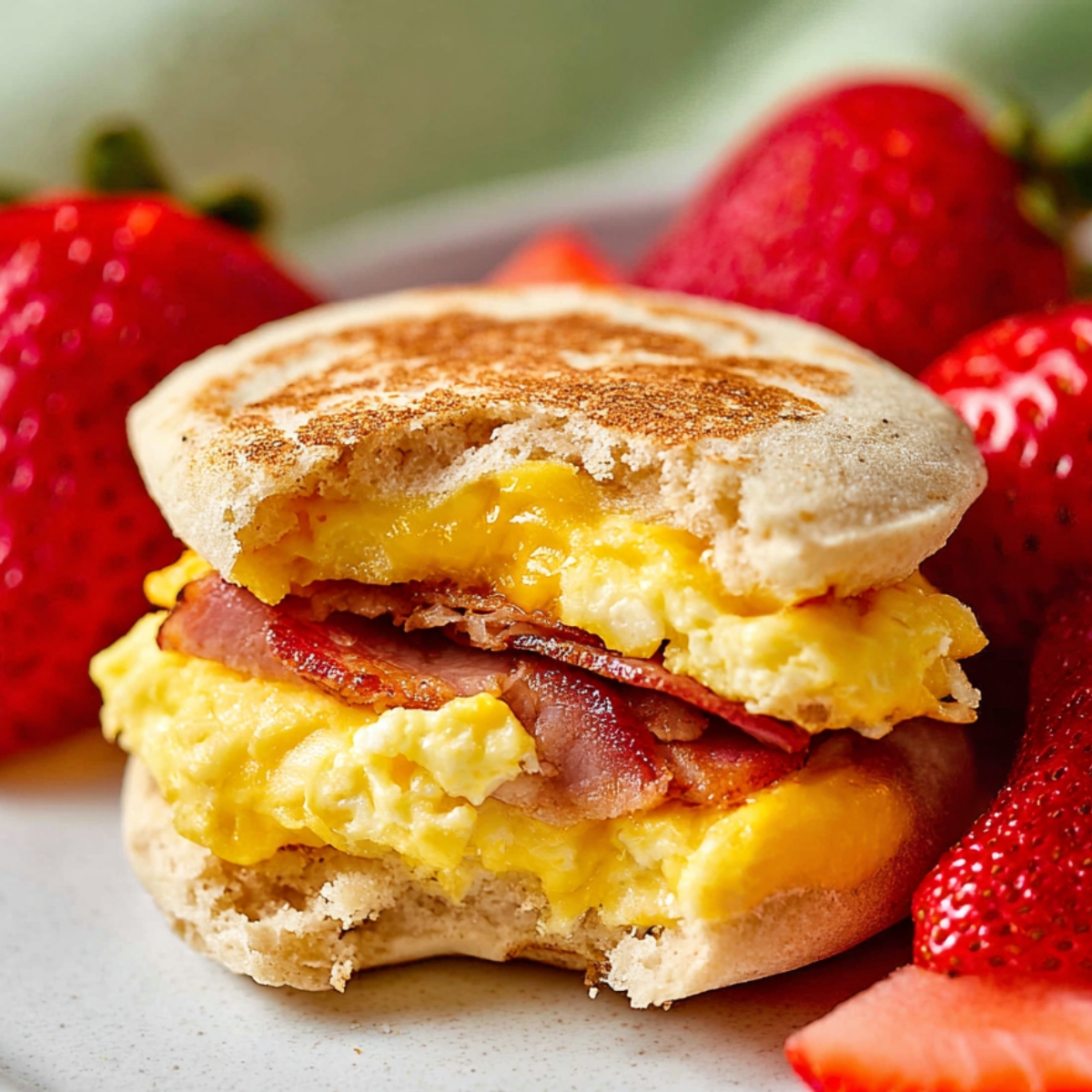 Homemade Egg Mcmuffin Recipe in 5 Easy Steps 9 Egg Mcmuffin Recipe A delicious homemade egg McMuffin on a plate, with the sandwich taking a bite to reveal the melted cheese, Canadian bacon, and scrambled eggs inside