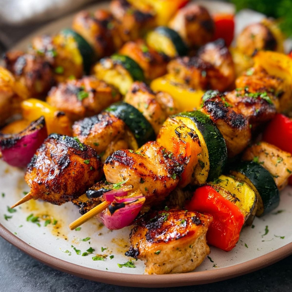Grilled Chicken Kabobs A close-up of grilled chicken kabobs resting on a platter, showcasing the charred edges and vibrant vegetables