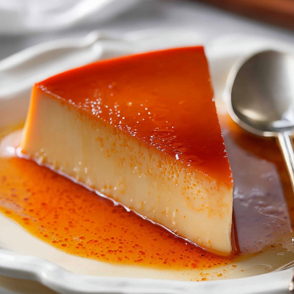 Leche Flan Recipe Single slice of creamy leche flan with caramel sauce on a white dessert plate.