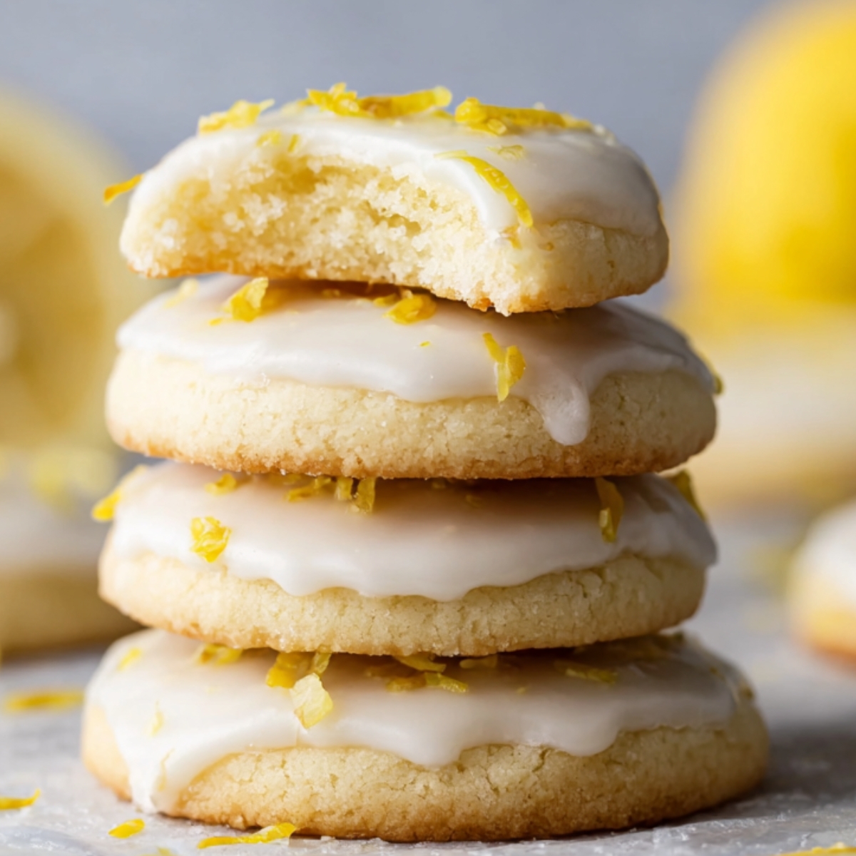 Lemon Meltaway Cookies A stack of three lemon meltaway cookies with a glossy lemon icing, garnished with fresh lemon zest. The cookies are soft and tender, with a blurred background of lemons and other cookies.