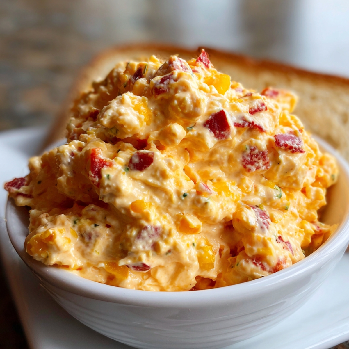 Pimento Cheese Recipe Bowl of creamy pimento cheese topped with crispy bacon pieces, with sliced bread arranged on a wooden board behind it.