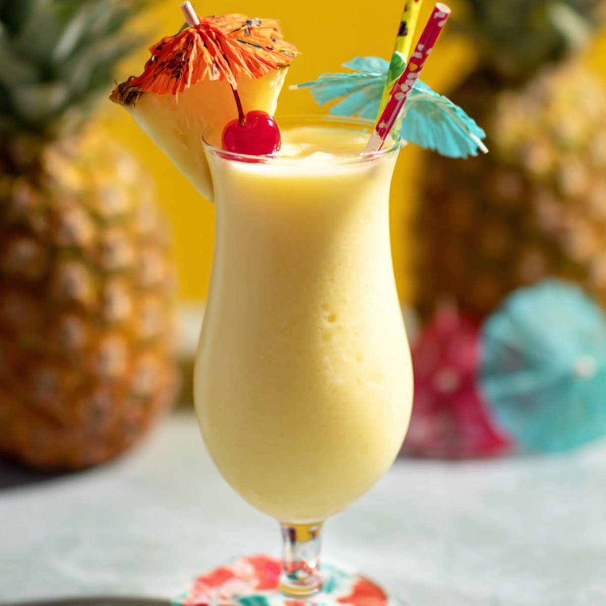 Piña Colada Recipe The fourth image shows the process of adding more ice into the blender to ensure the drink is cold and perfectly slushy.