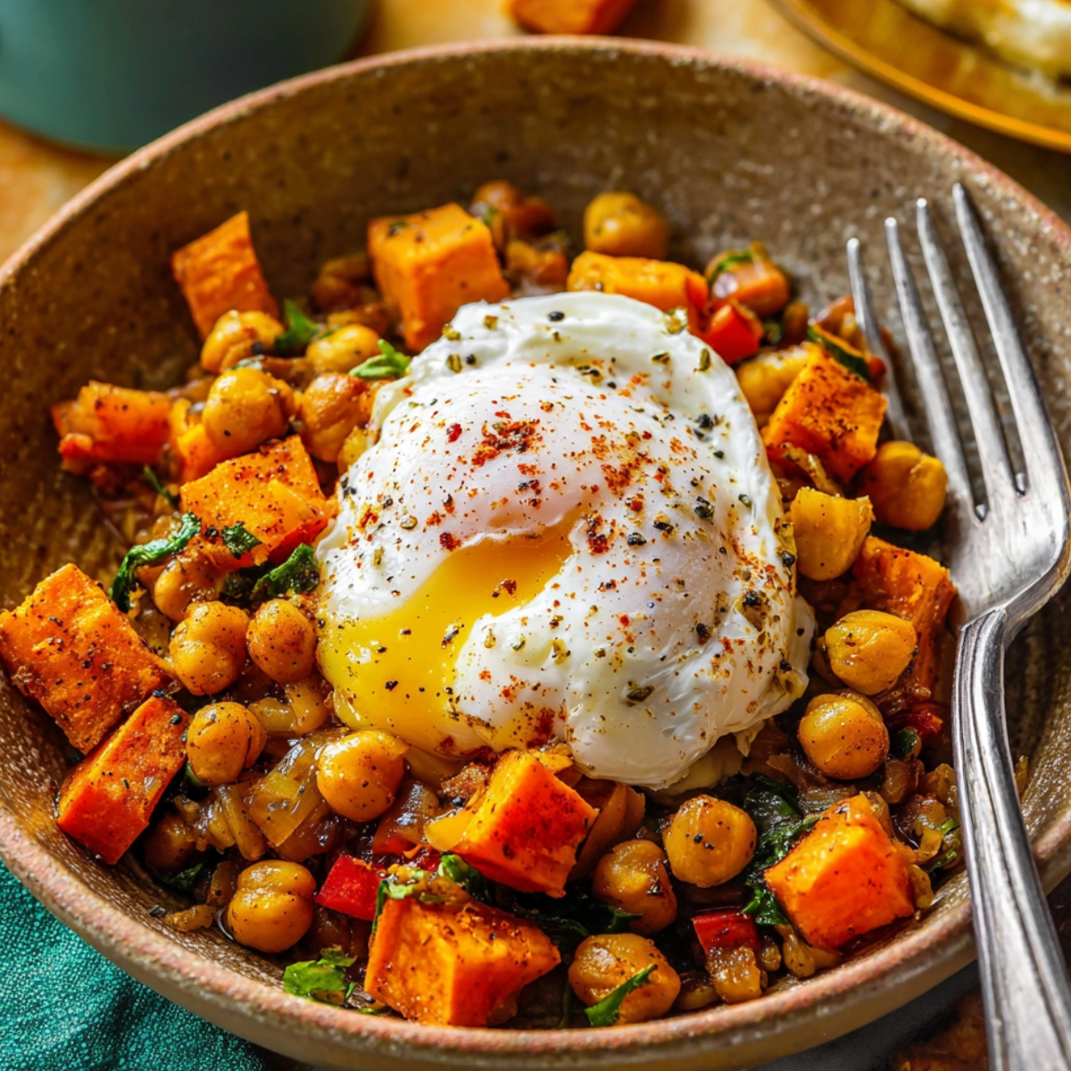 Sweet Potato Hash A close-up shot of a sweet potato chickpea hash topped with a poached egg, visible spices and herbs, fork resting in the bowl, shallow depth of field, cozy brunch vibe, professional food photography.