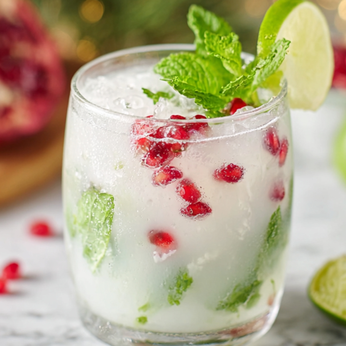 White Christmas Mojito A refreshing glass of Mojito filled with ice, pomegranate seeds, mint leaves, and a slice of lime. The glass is set on a marble countertop with lime wedges and a pomegranate in the background.
