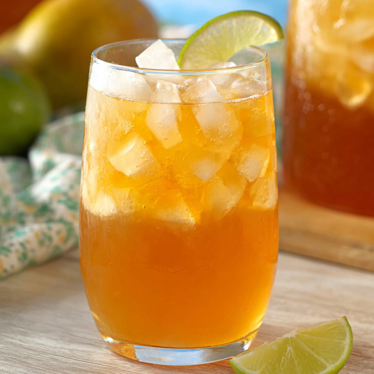 mango iced tea A refreshing glass of iced tea filled with ice cubes, garnished with a slice of lime. The background features a pitcher of iced tea and fresh limes.