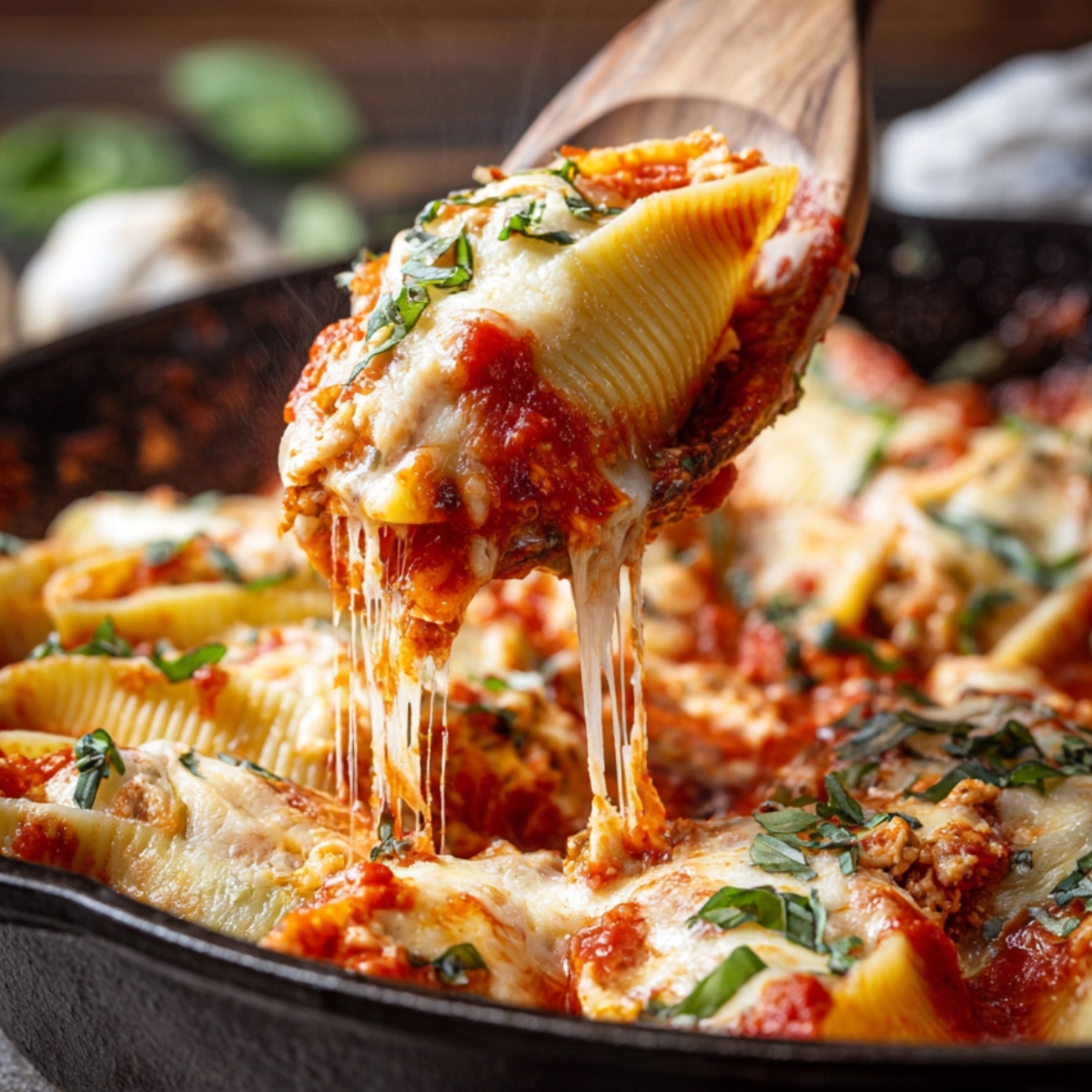 sausage stuffed shells Spoon lifting a cheesy sausage stuffed jumbo shell with melted mozzarella and marinara sauce